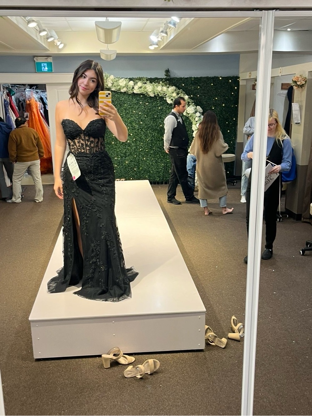 Sherri Hill Black Strapless Lace Corset Prom Gown with Thigh Slit No. 55467